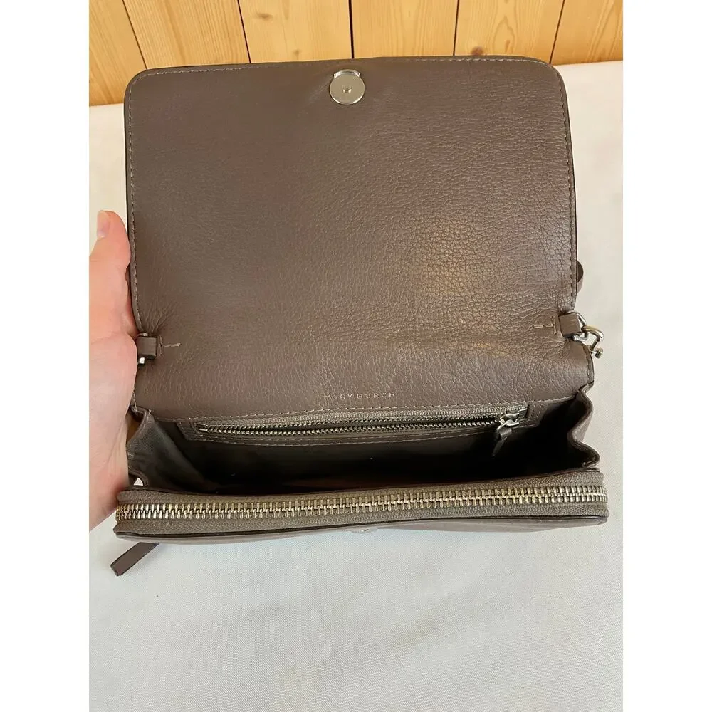 Tory Burch Brown Leather Crossbody Purse, about 8 in x 5 in